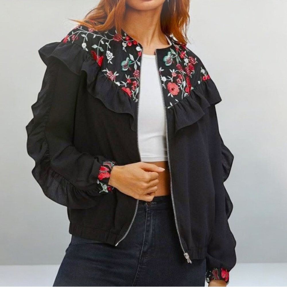 ZARA TRAFALUC Floral Embroidered Frill Black Jacket ~ Like New - Picture 1 of 12